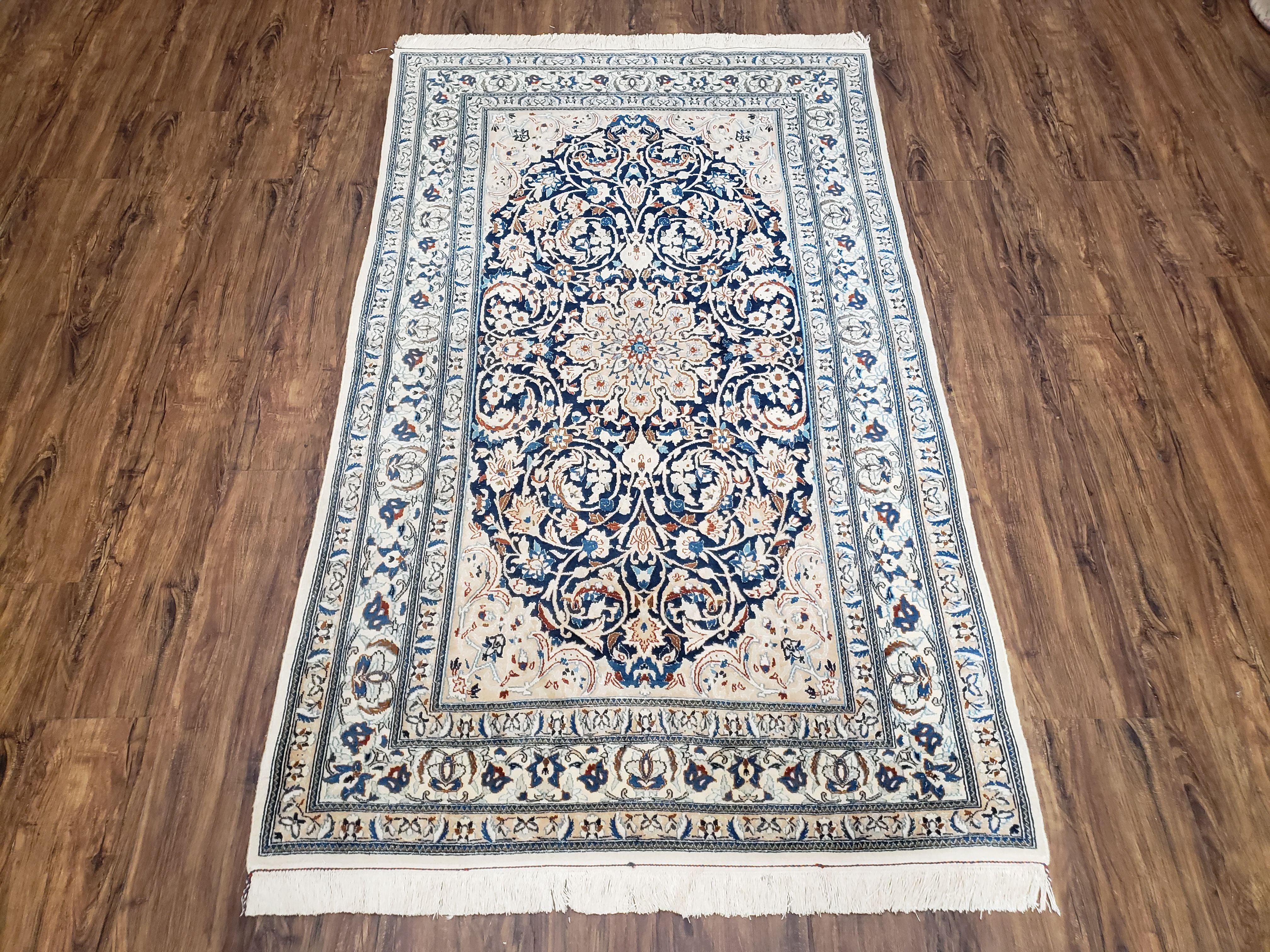 Semi Antique Fine Persian Nain Rug, Ivory & Blue, Wool with Silk Accents, 3'9" x 6'2"