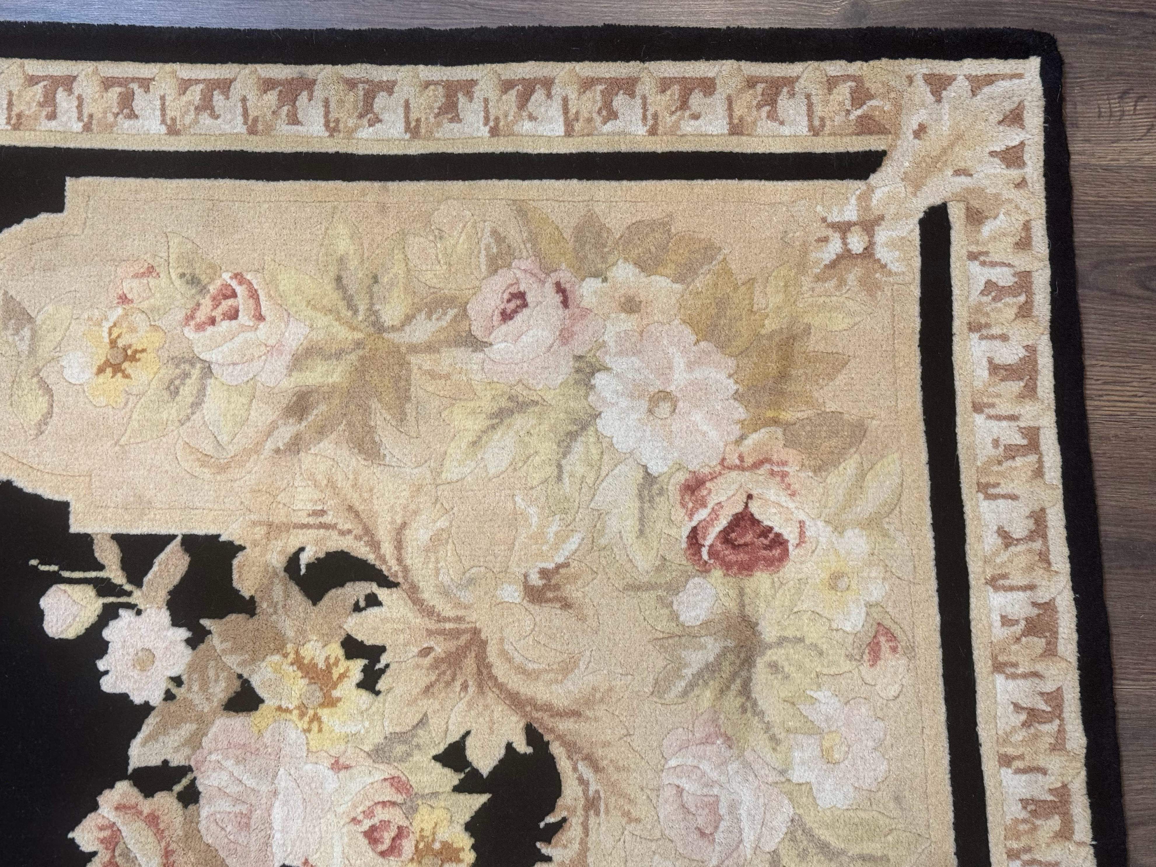 Chinese Aubusson Rug 6x9, Wool Pile, Black, Floral, Elegant