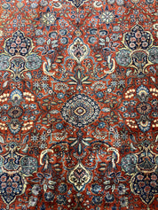 Persian Sarouk Rug 9x12, Red and Dark Blue Floral Allover Antique Persian Carpet, Handmade Wool Qazvin Rug