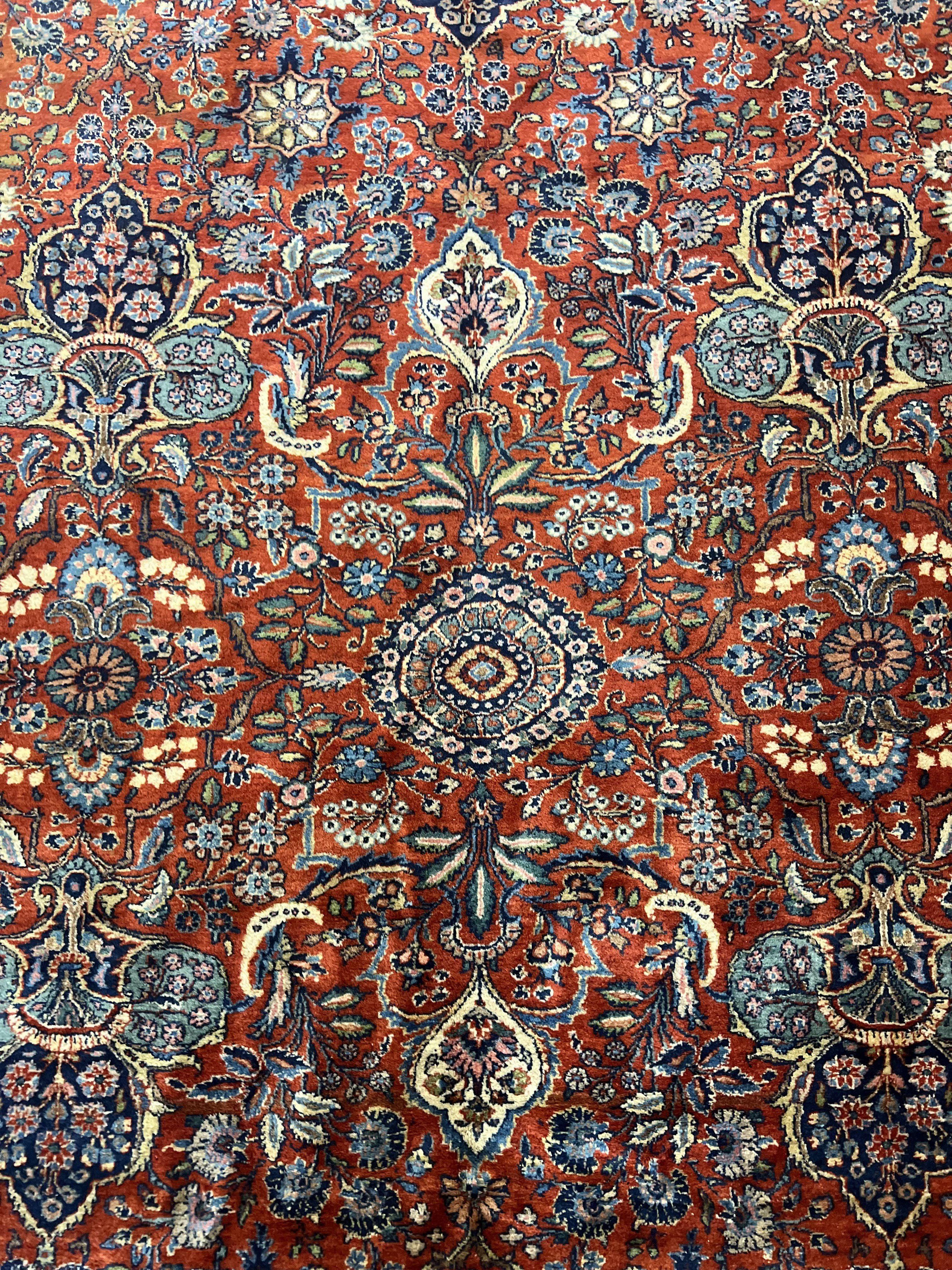 Persian Sarouk Rug 9x12, Red and Dark Blue Floral Allover Antique Persian Carpet, Handmade Wool Qazvin Rug
