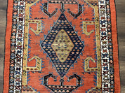 Rare Persian Tribal Runner Rug 3 x 11, Sarab Serab Persian Runner, Antique 1920s Collectible Geometric Medallions Oriental Wool Runner, Hand Knotted, Bright Orange-Red