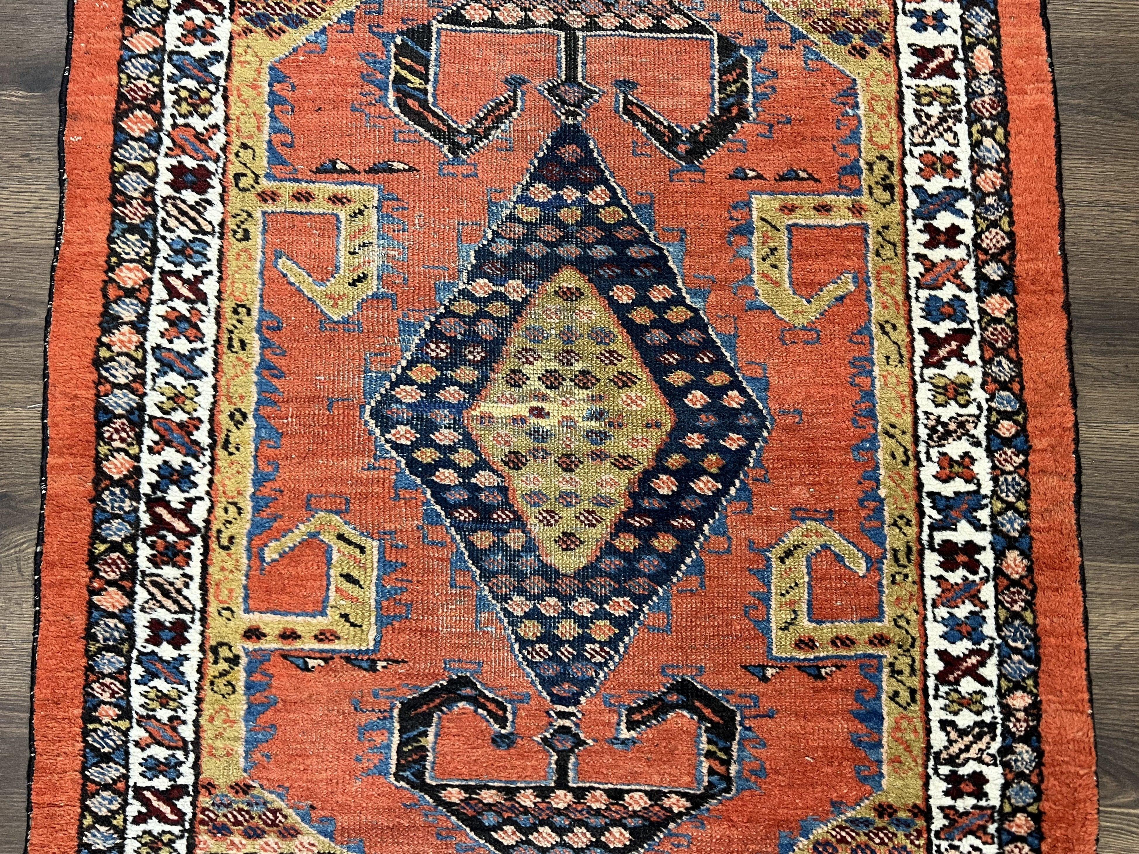 Rare Persian Tribal Runner Rug 3 x 11, Sarab Serab Persian Runner, Antique 1920s Collectible Geometric Medallions Oriental Wool Runner, Hand Knotted, Bright Orange-Red