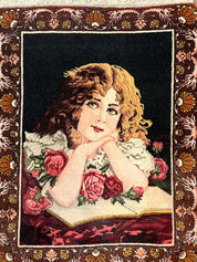 Small Persian Tabriz Pictorial Rug of Young Girl, Very Fine 380 KPSI, Portrait of Young Lady with Roses, Handmade, Persian Rug for Wall Hanging