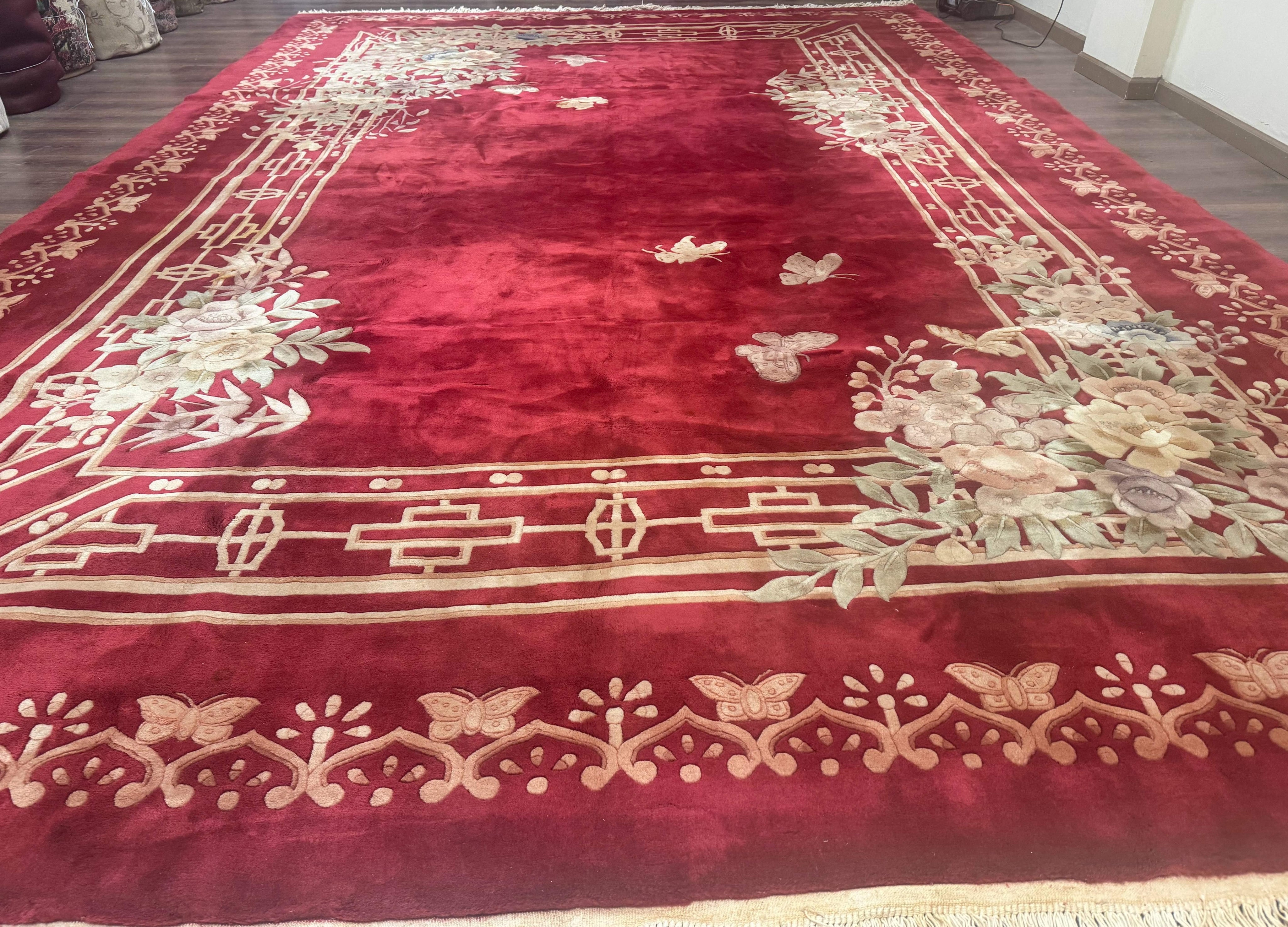 Palace Size Chinese Wool Rug 12x18, Red Art Deco Chinese Carving Carpet, Butterflies Flowers