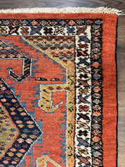 Rare Persian Tribal Runner Rug 3 x 11, Sarab Serab Persian Runner, Antique 1920s Collectible Geometric Medallions Oriental Wool Runner, Hand Knotted, Bright Orange-Red