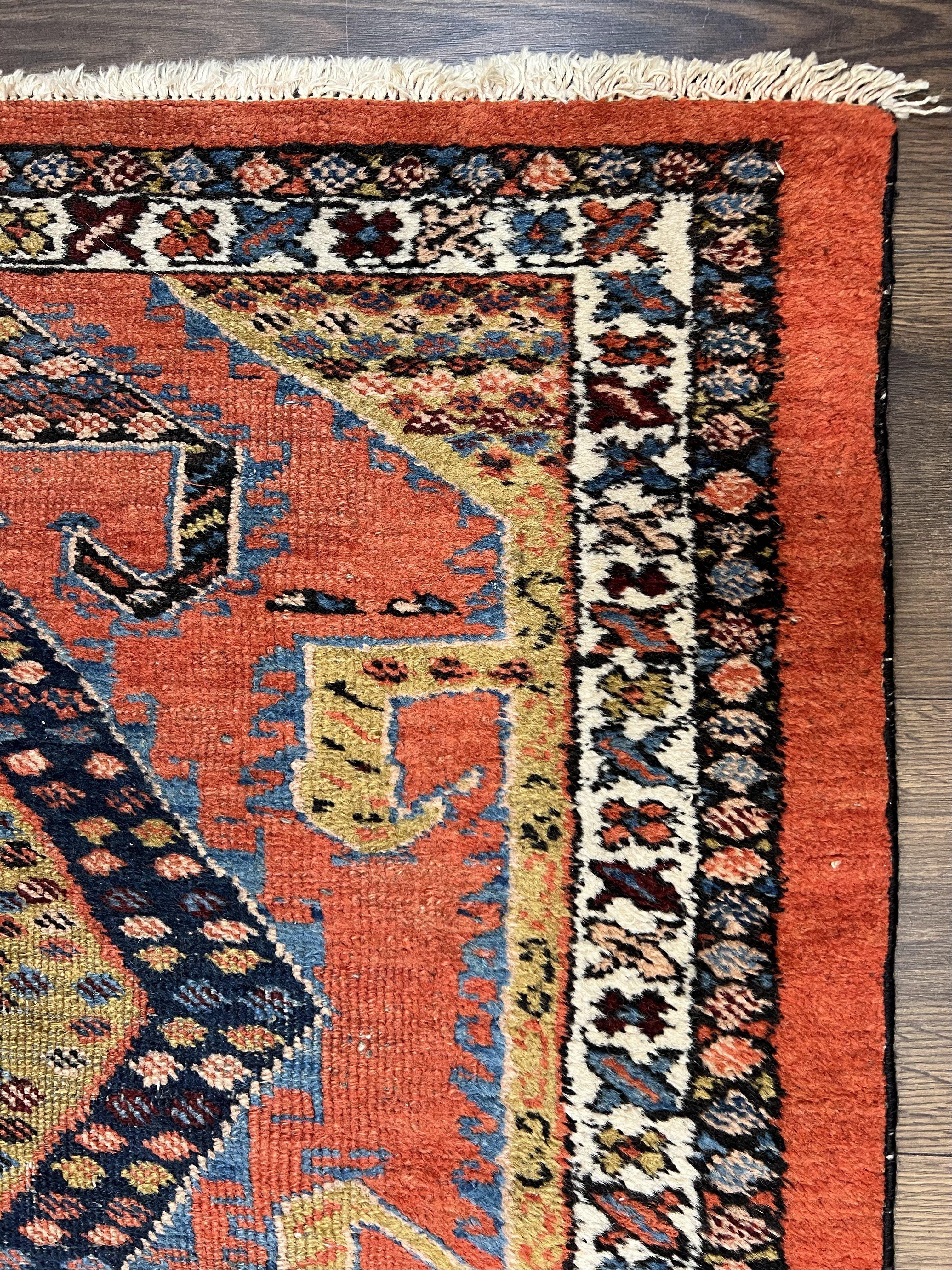 Rare Persian Tribal Runner Rug 3 x 11, Sarab Serab Persian Runner, Antique 1920s Collectible Geometric Medallions Oriental Wool Runner, Hand Knotted, Bright Orange-Red