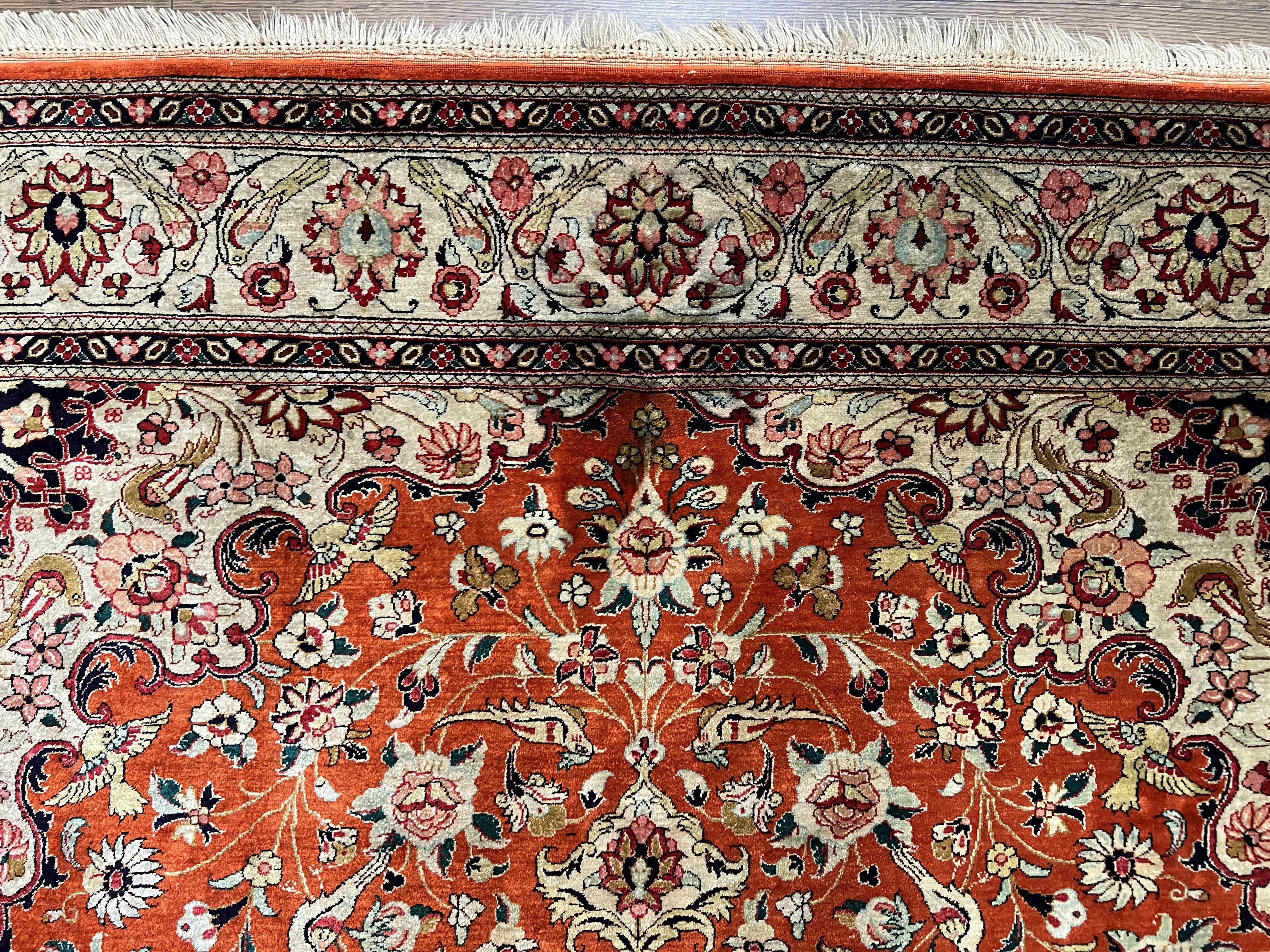 Persian Qum Silk Rug 5x7 - Floral Medallion, Birds, Orange-Red