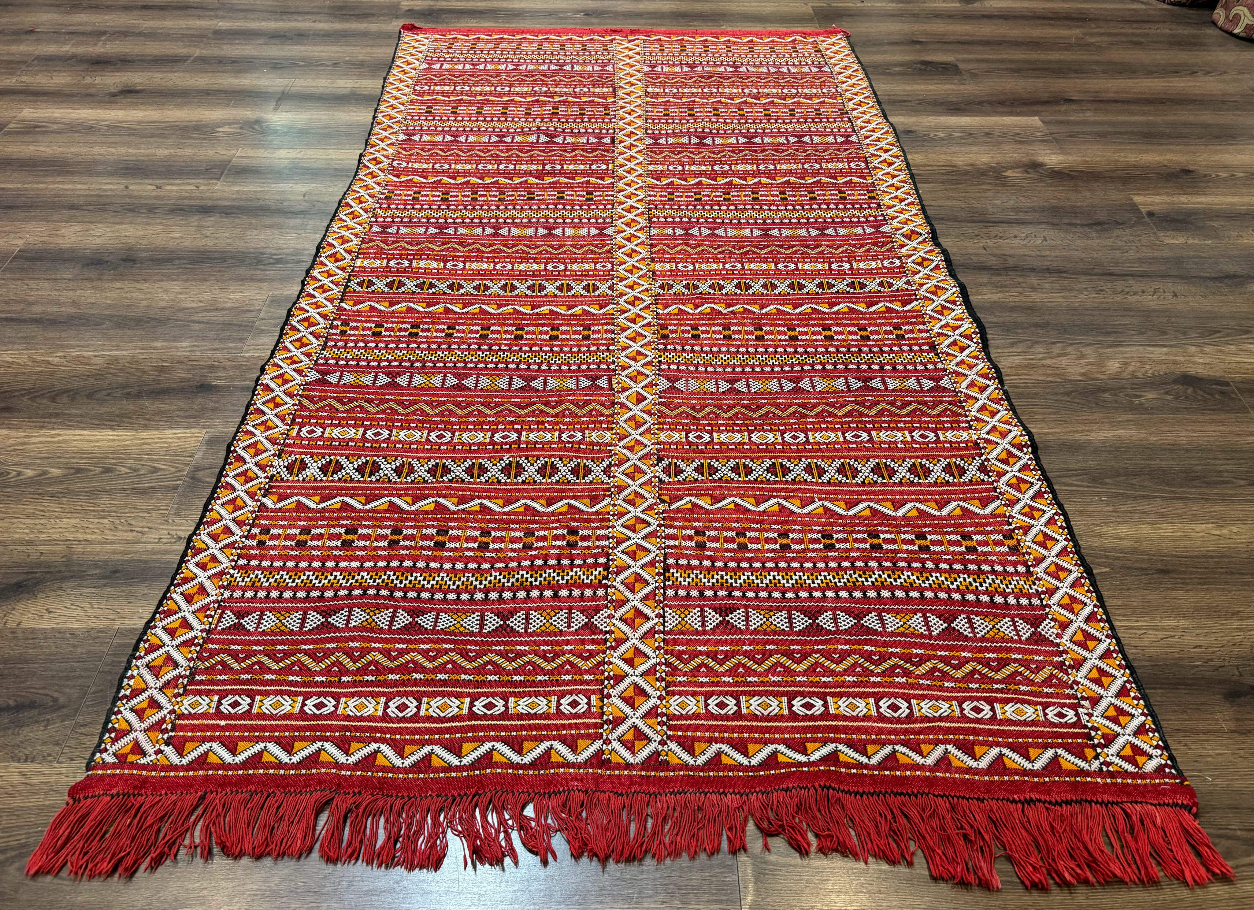 Moroccan Kilim Rug 4x8, Flatweave, Bohemian, Red Ivory Orange