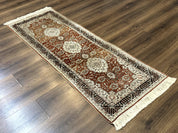 Turkish Silk Narrow Runner Rug 2 x 5.8, Very Fine 340 KPSI, Floral Medallions, Red
