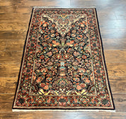 Persian Saoruk Rug 4x5, Navy Blue and Red, Floral, Antique Persian Wool Carpet, Handmade