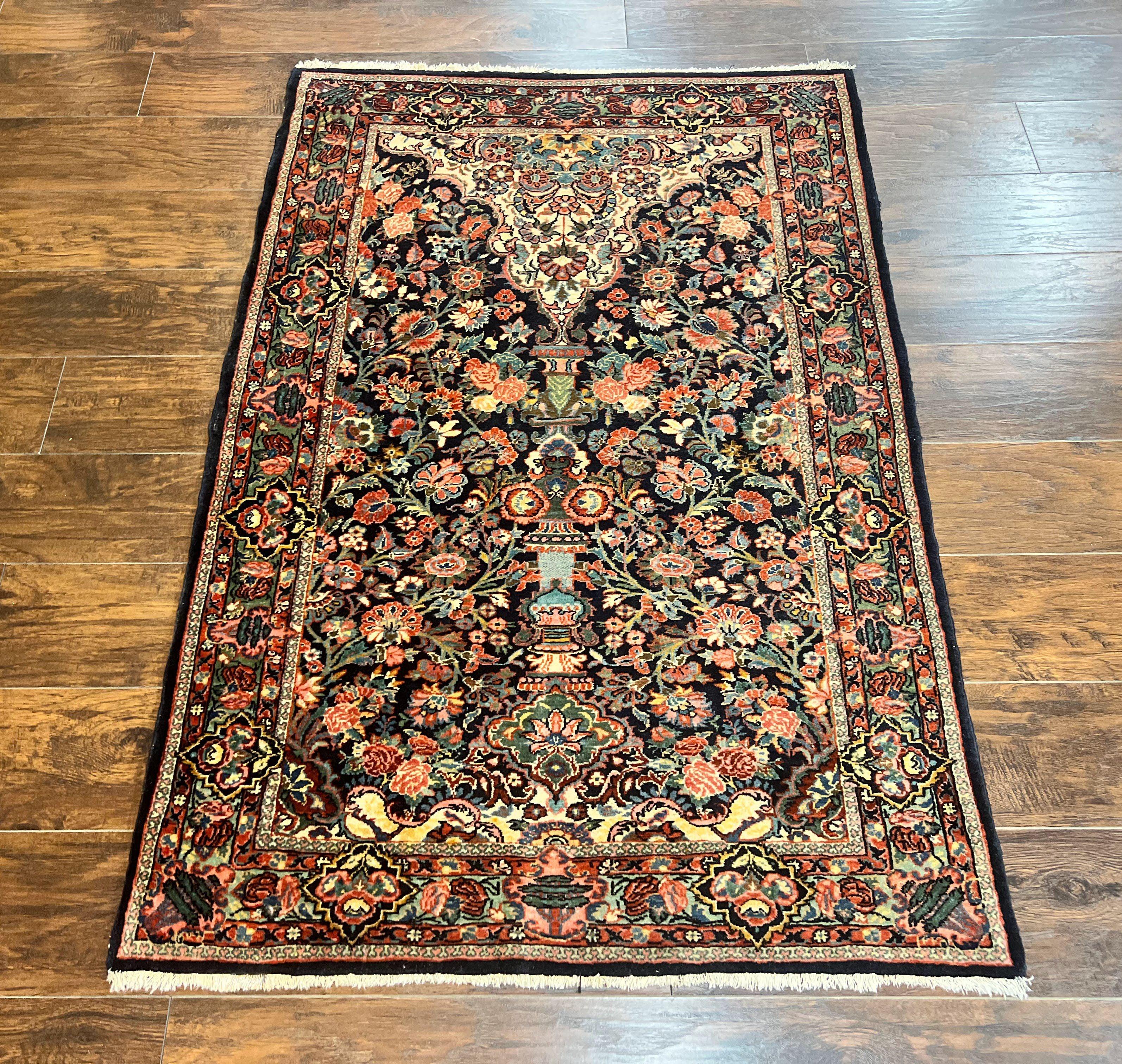 Persian Saoruk Rug 4x5, Navy Blue and Red, Floral, Antique Persian Wool Carpet, Handmade