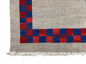5' 7" x 7' 9" Geometric Kilim Carpet, Gray, Handmade, Hand-Knotted Area Rug, Blue & Red, Flatweave, Wool, New, Checkerboard Pattern