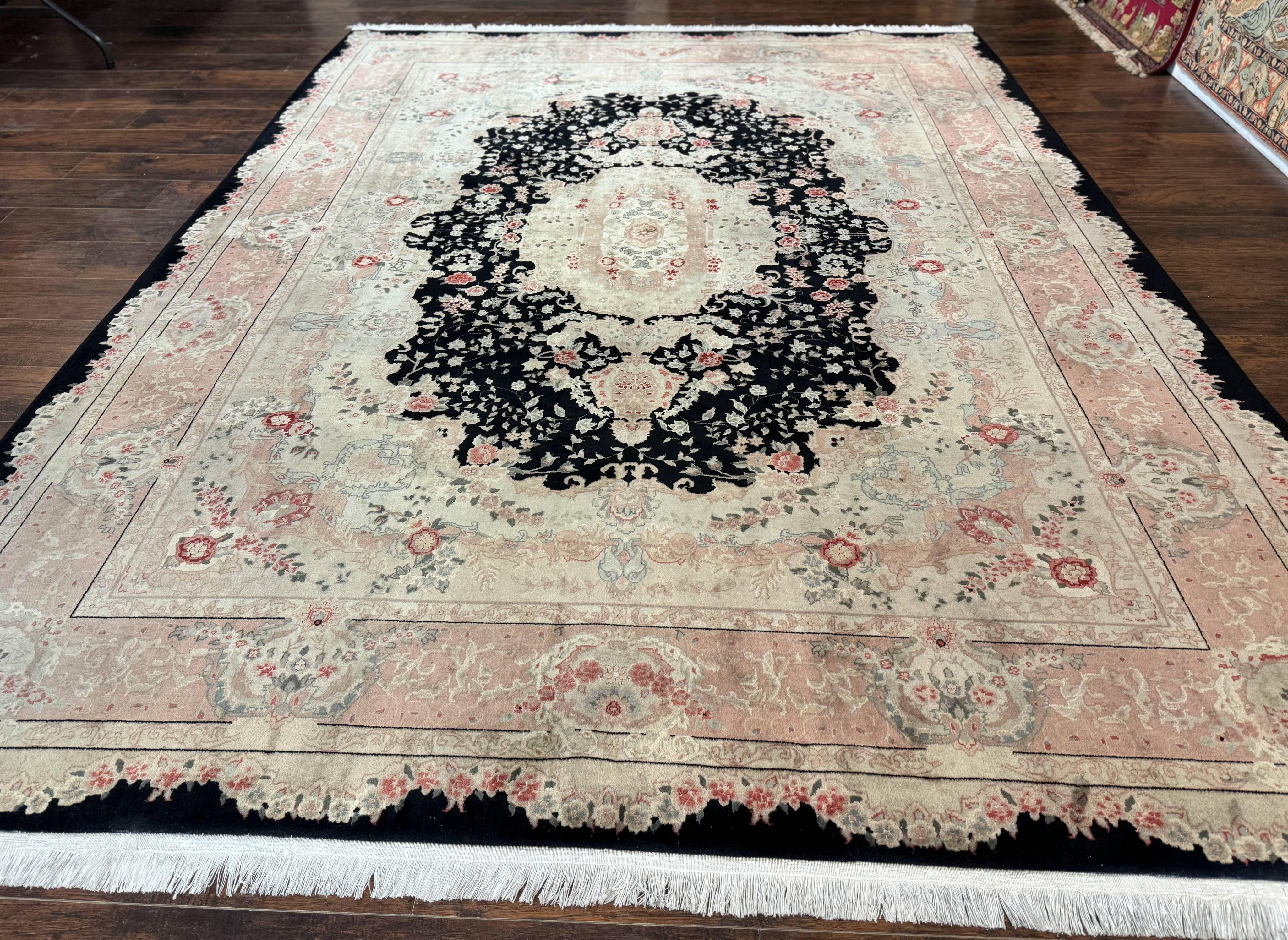 Pak Persian Tabriz Rug 8.6 x 11.6, Black Pink, Traditional Elegant Formal Oriental Carpet, Dining Room Rug, Fine 225 KPSI