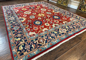 Indo Heriz Rug 8x10, Red and Navy Blue, Allover Pattern, Wool Handmade Carpet