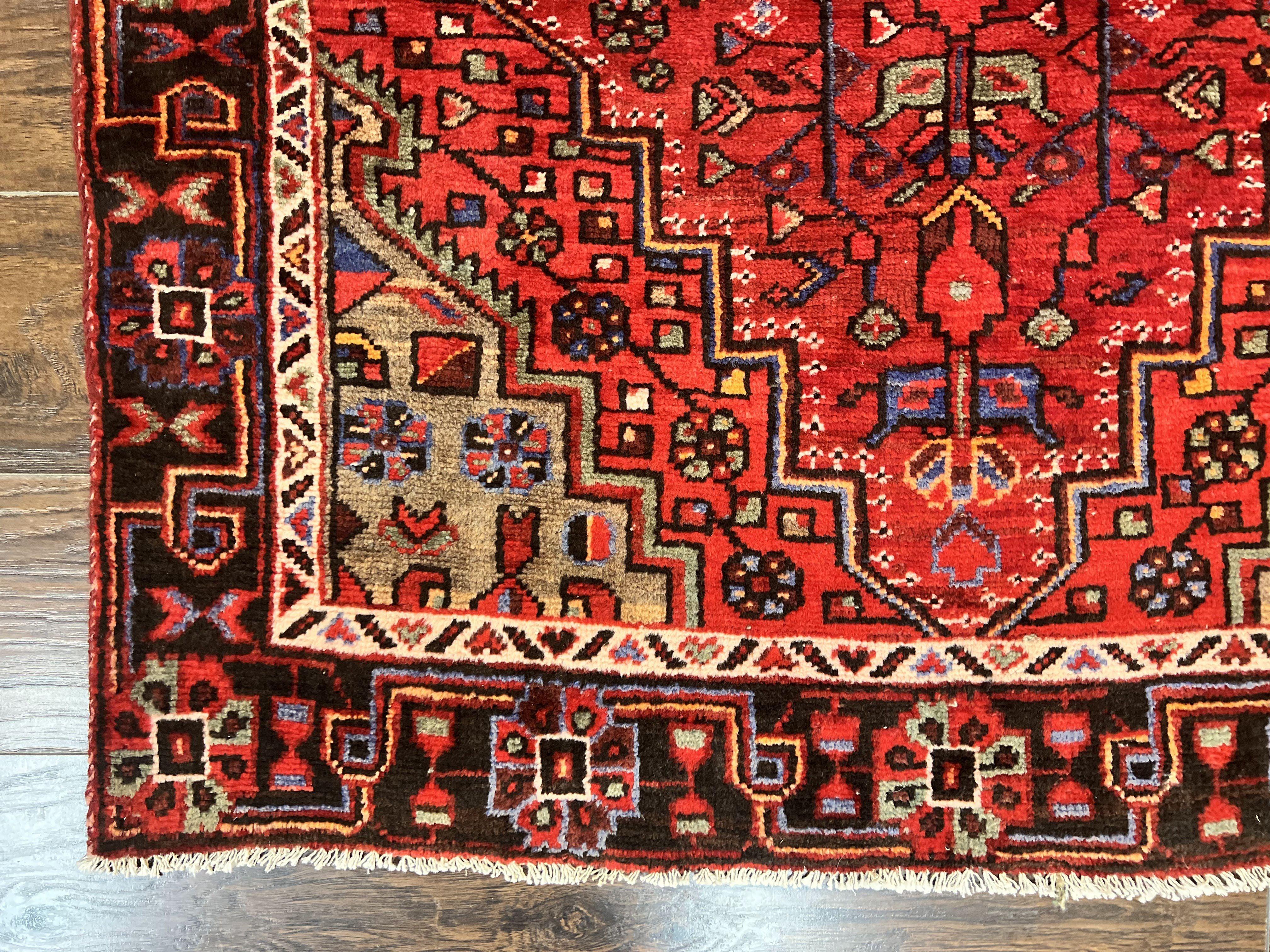 Antique Persian Tribal Rug 4x7, Red, Geometric Medallion, Handmade, Wool, Persian Zanjan Rug
