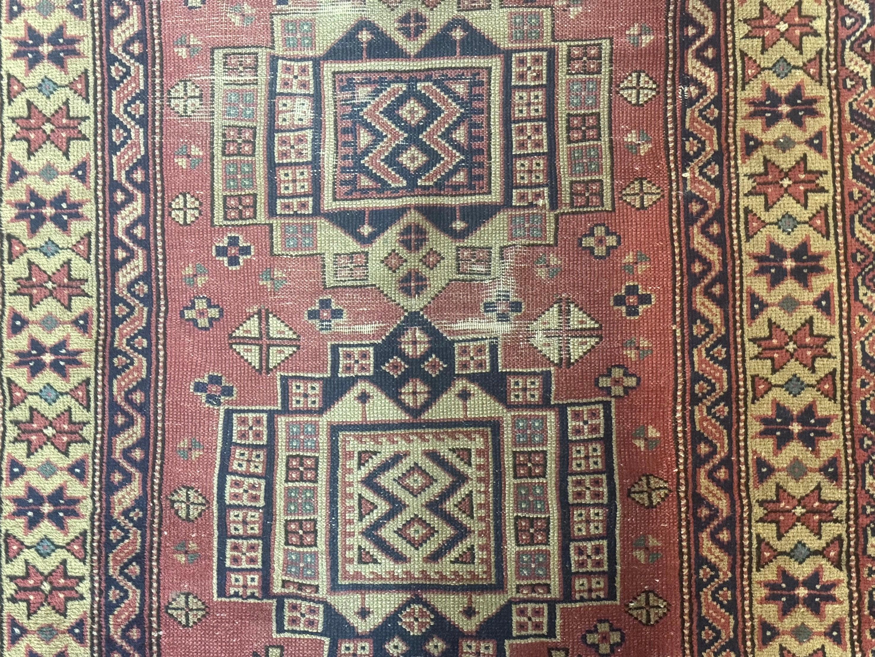 Antique Turkish Sparta Rug 3x6, Geometric Caucasian Kazak Pattern, Handmade