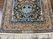Wonderful Persian Isfahan Rug 3.7 x 5, Kork Wool on Silk Foundation, Very Fine 460 KPSI, Tree of Life Persian Vase Design Animal Pictorials Peacocks
