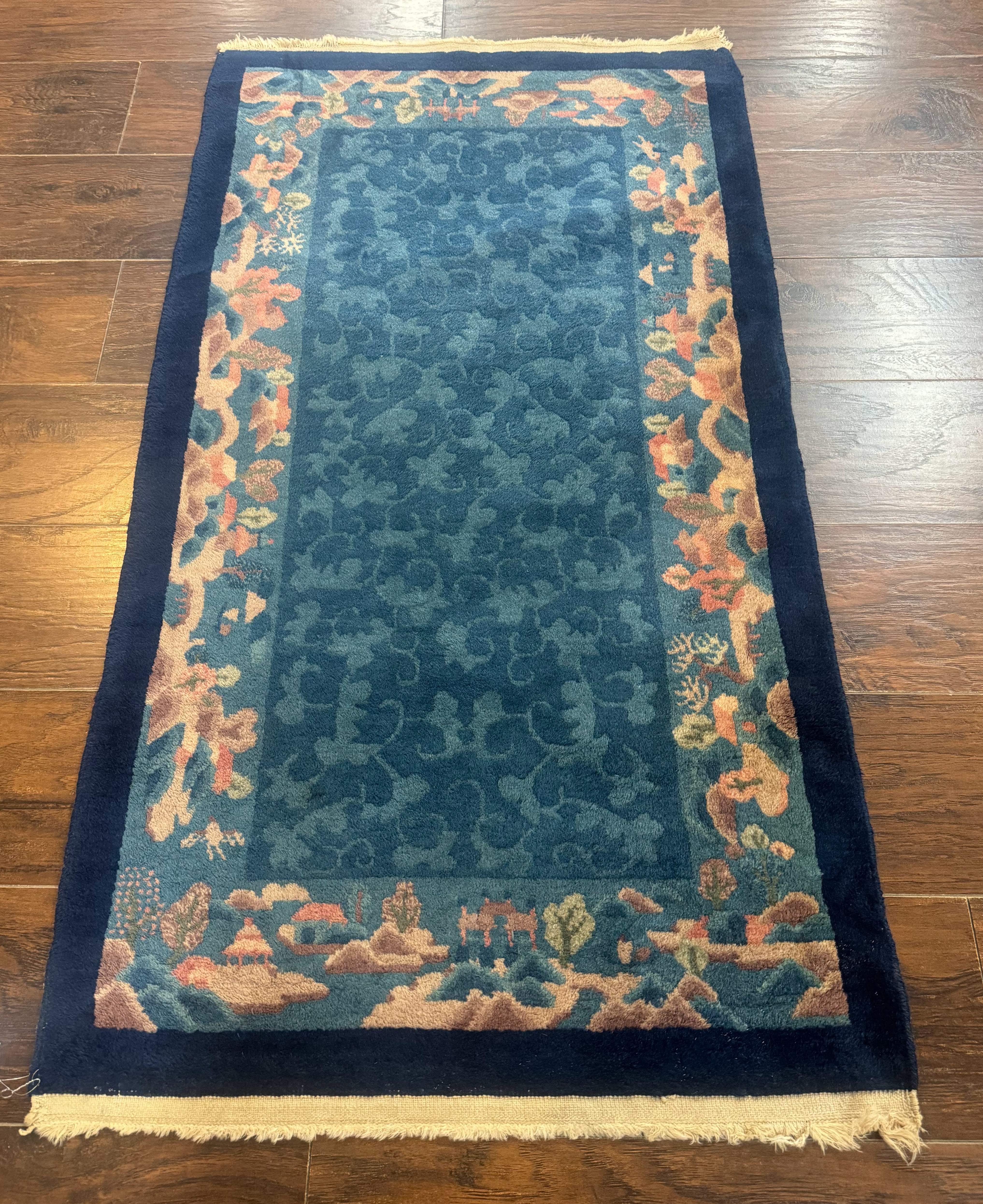 Blue Chinese Wool Rug 2.5 x 4, Peking Rug, Fete Rug, Semi Antique Chinese Carpet