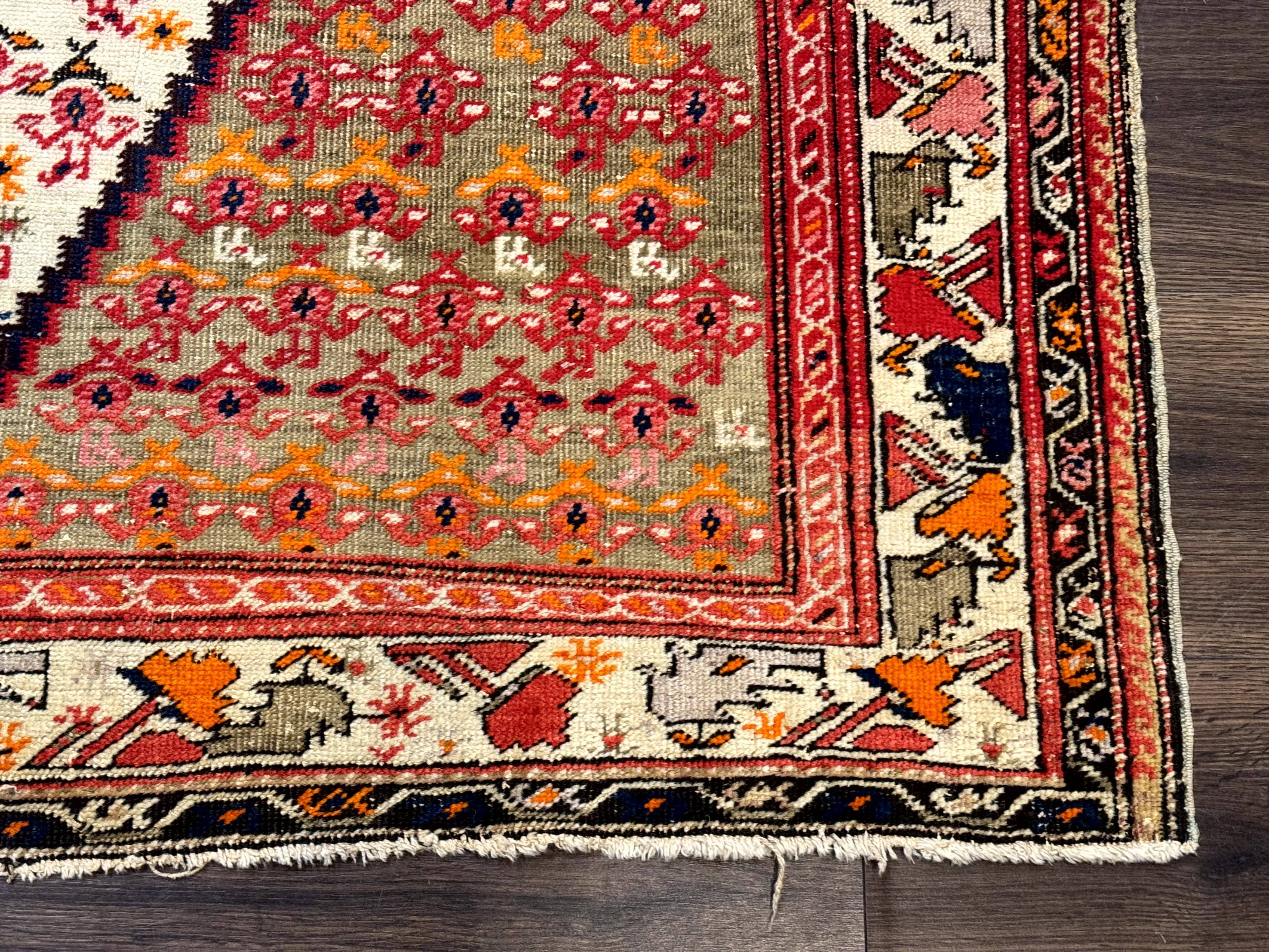 Antique Persian Malayer Rug 4x7, Tribal Senneh Carpet, Geometric, Diamond Design