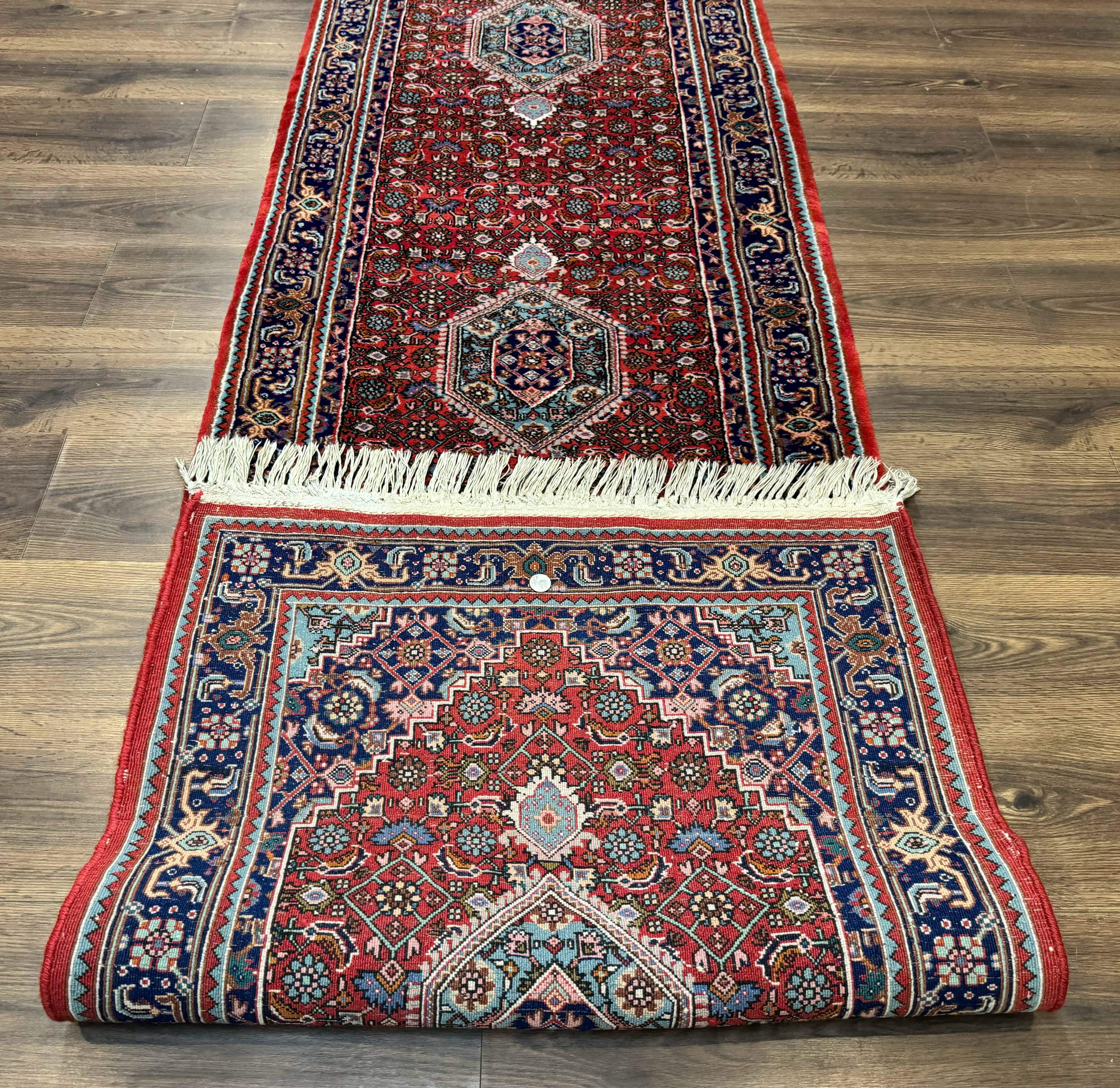 Indo Persian Bidjar Runner Rug 3 x 18.6, Red Navy Blue, Long Runner, Wool Oriental Carpet