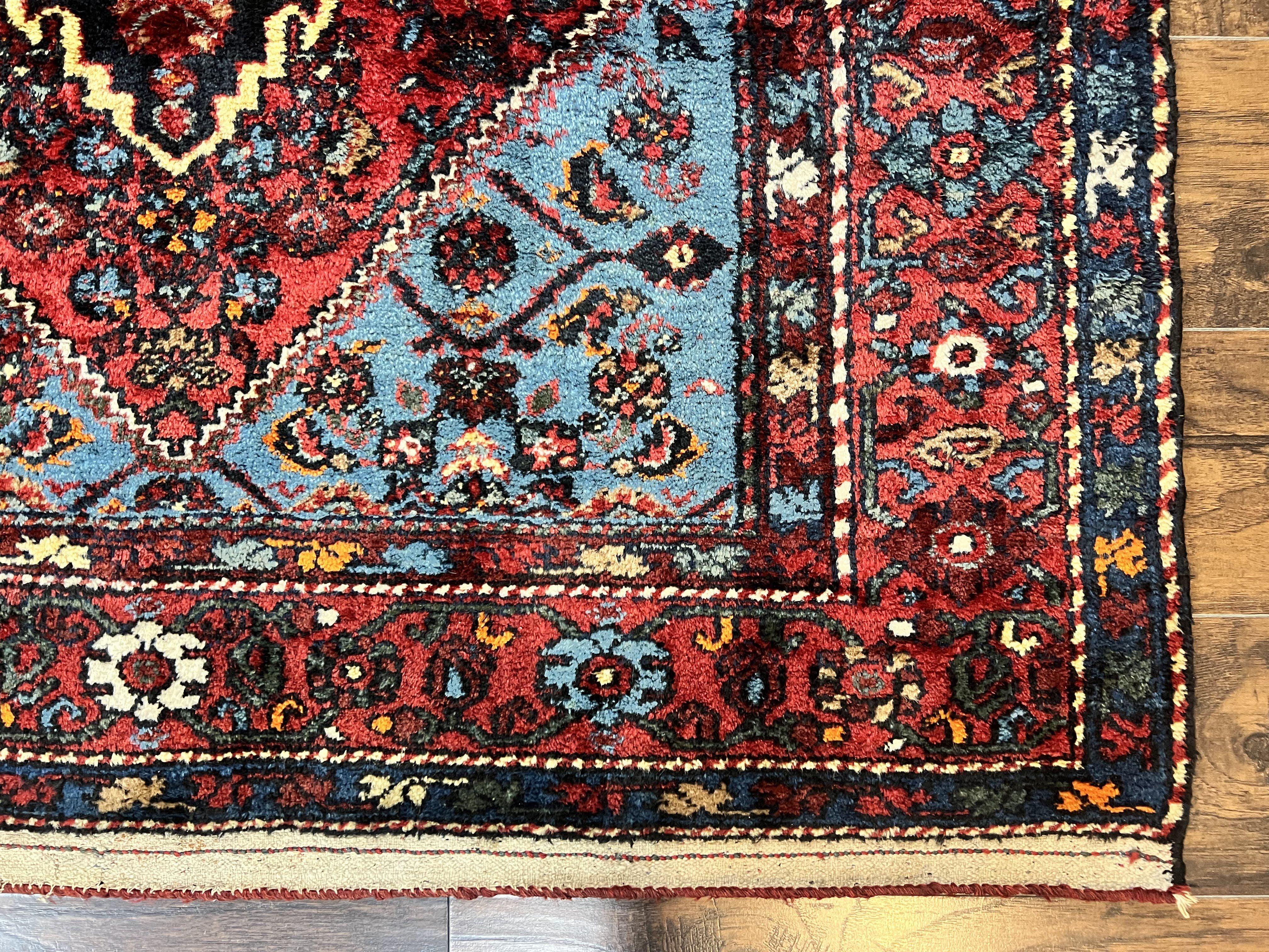 Antique Persian Tribal Rug 4x7, Wool Handmade 1920s Carpet, Red Blue, Persian Hamadan Rug