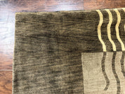 Modern Tibetan Wool Rug 3.6 x 5.6, Shades of Green, Abstract Design