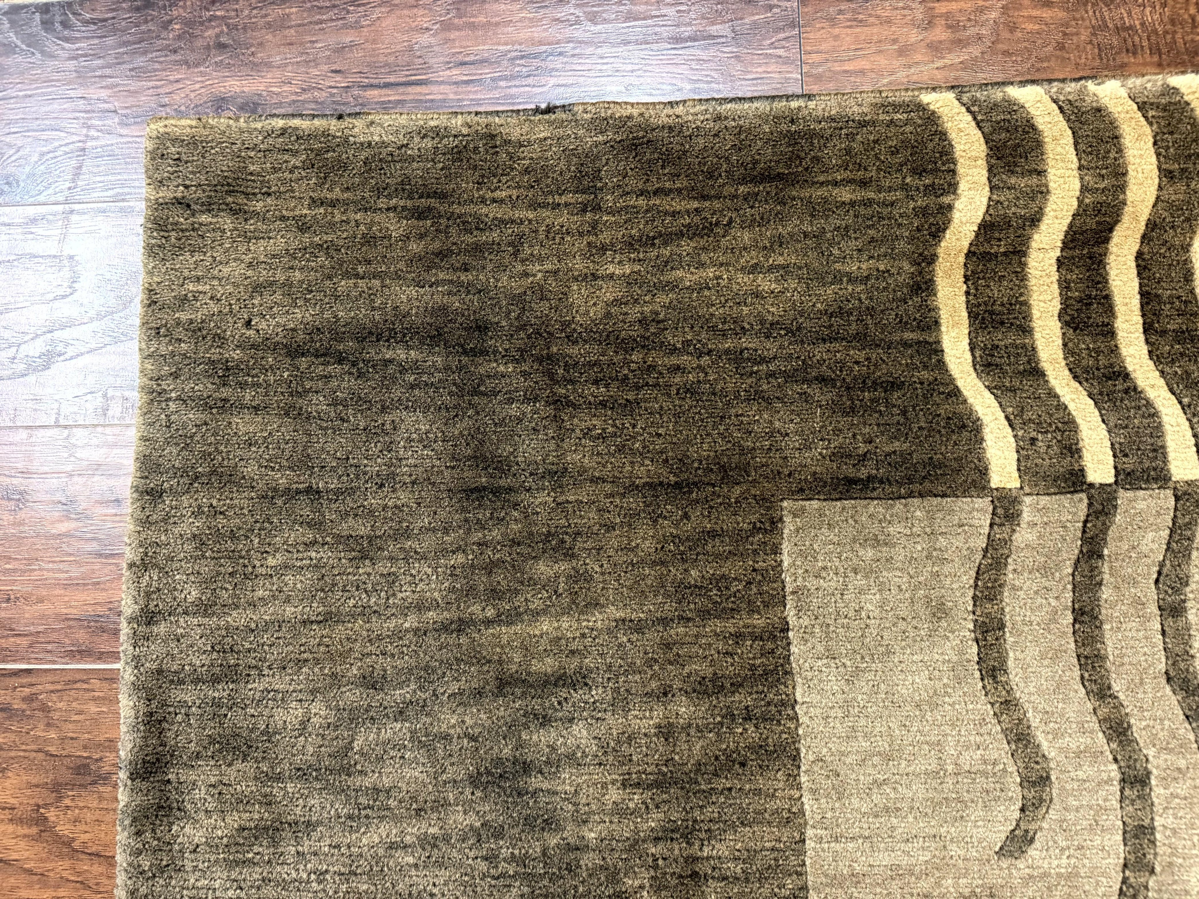 Modern Tibetan Wool Rug 3.6 x 5.6, Shades of Green, Abstract Design