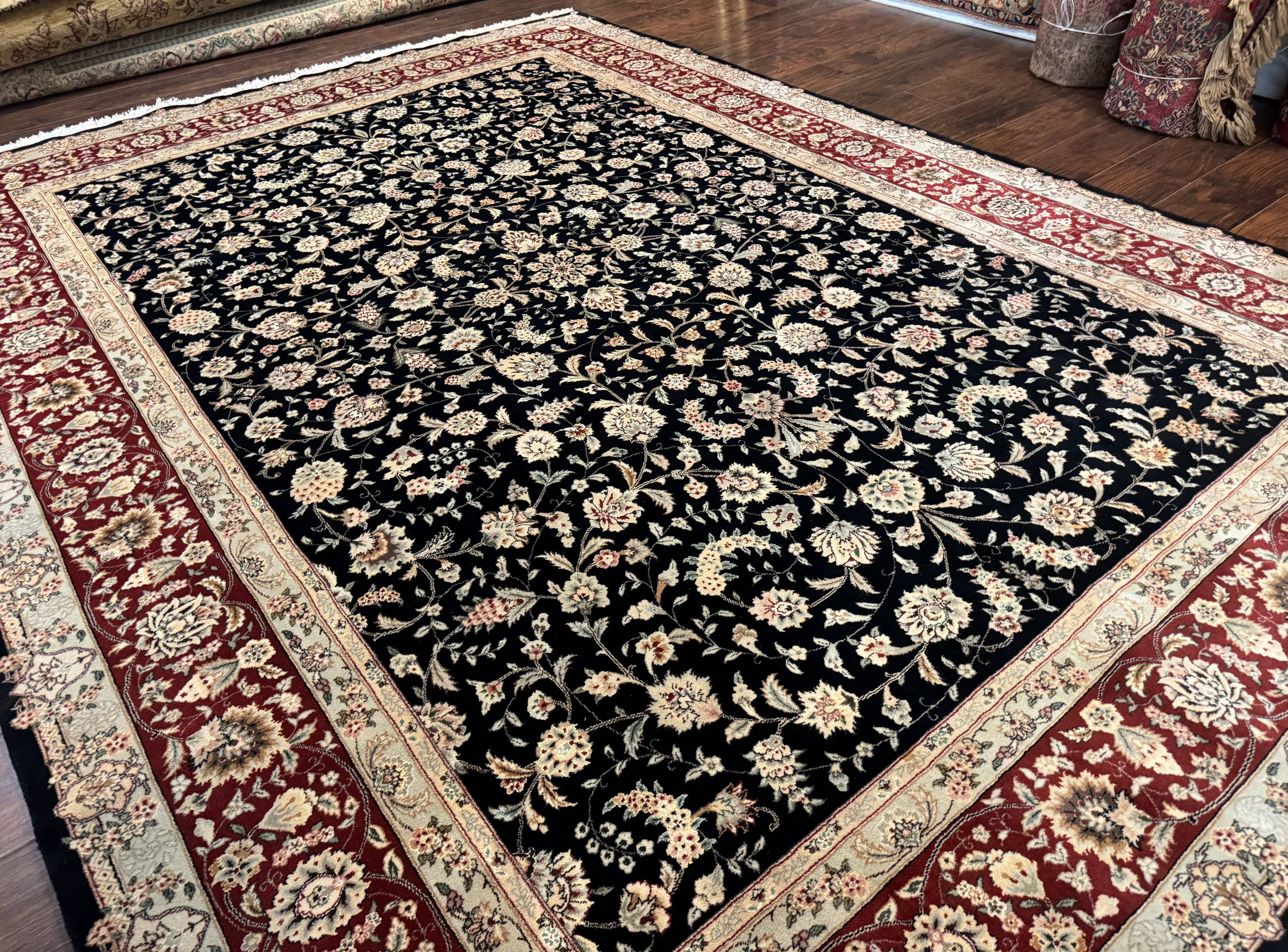 Sino Persian Rug 9x12, Fine Elegant Oriental Carpet 200 KPSI, Black and Dark Red, Allover Floral
