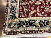 Indo Persian Rug 8x10, Floral Allover with Bird Pictorials, Maroon and Navy Blue, Handmade Wool Area Rug
