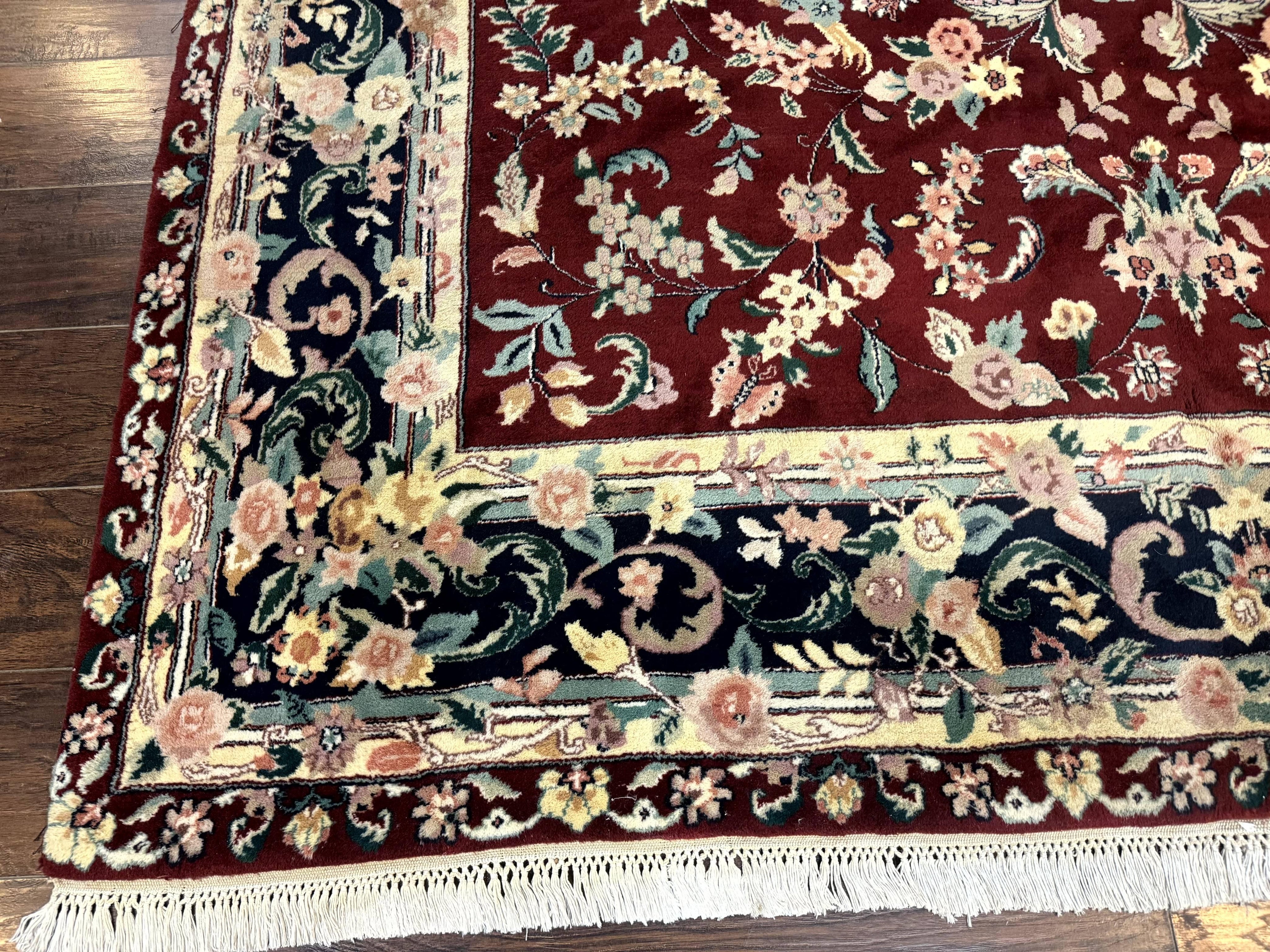 Indo Persian Rug 8x10, Floral Allover with Bird Pictorials, Maroon and Navy Blue, Handmade Wool Area Rug