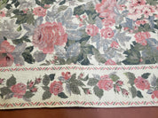 5x8 Needlepoint Rug 5' 4" x 8' 3" Wool Flat Weave Floral New Unused Carpet English Design Ivory Large Pink Flowers Green Leaves Hand-Knotted