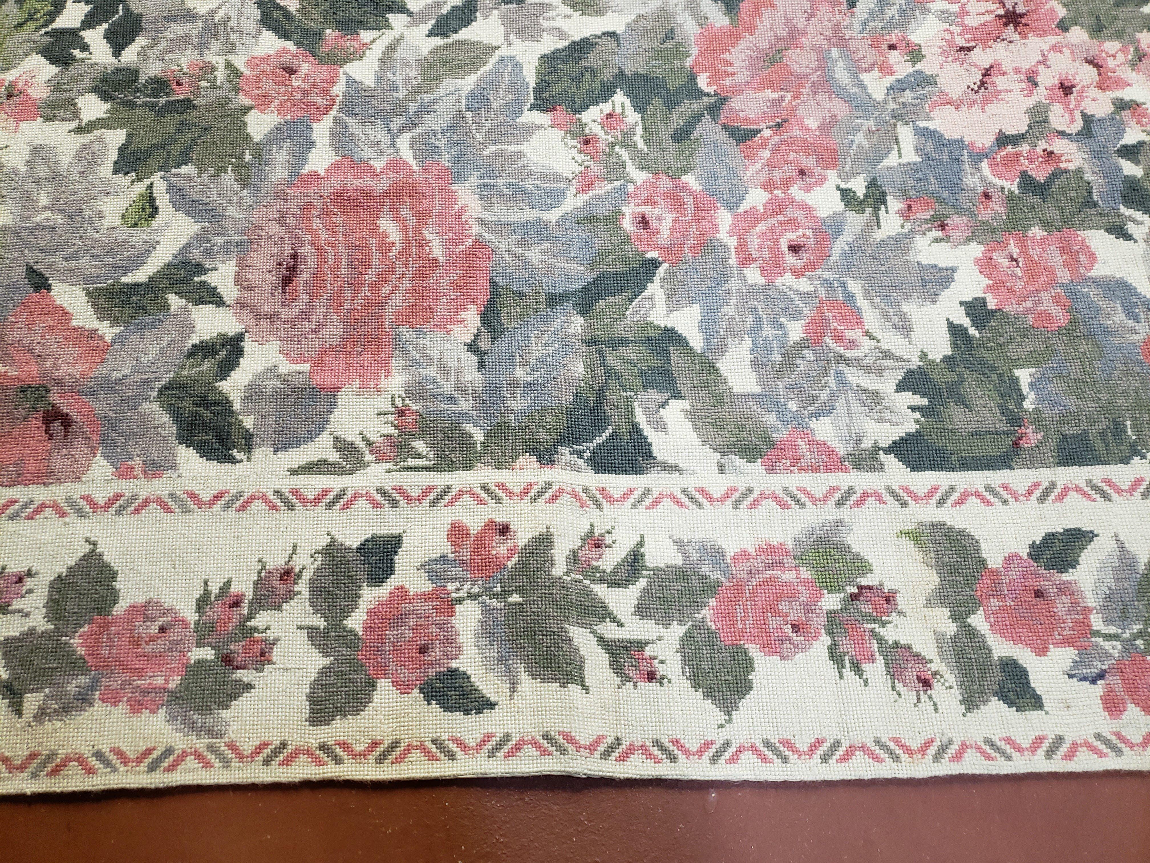5x8 Needlepoint Rug 5' 4" x 8' 3" Wool Flat Weave Floral New Unused Carpet English Design Ivory Large Pink Flowers Green Leaves Hand-Knotted