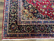 Traditional Persian Rug 8x11, Red Navy Blue, Floral Medallion, Antique Persian Mashad Carpet, Wool