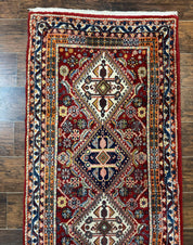 Antique Persian Qashqai Runner Rug 3 x 13 ft, Tribal Runner, Geometric Medallions, Red Ivory Blue, Wool