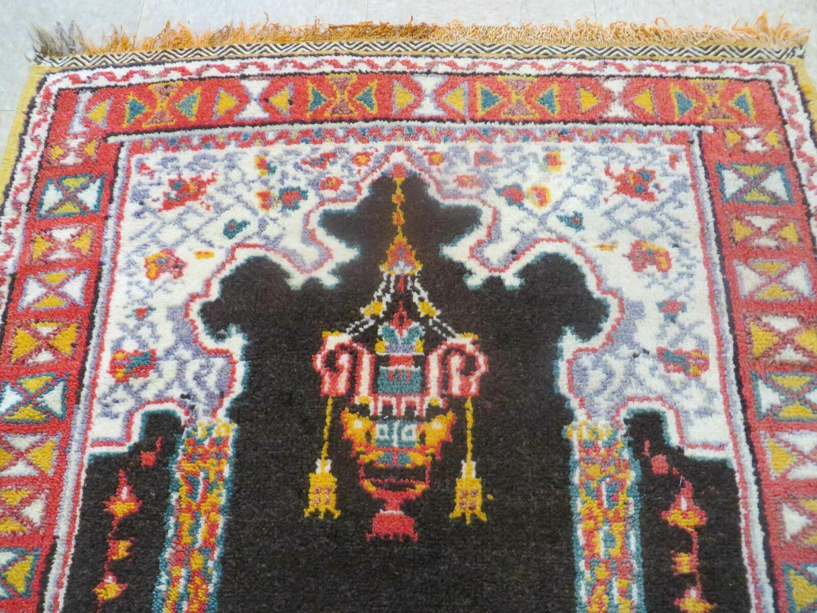 Antique Moroccan Runner Rug 3x7, Moroccan Prayer Rug, Double Mehrab Prayer Arches, Black and Red, Hand-Knotted Wool Carpet, Hallway Rug Nice