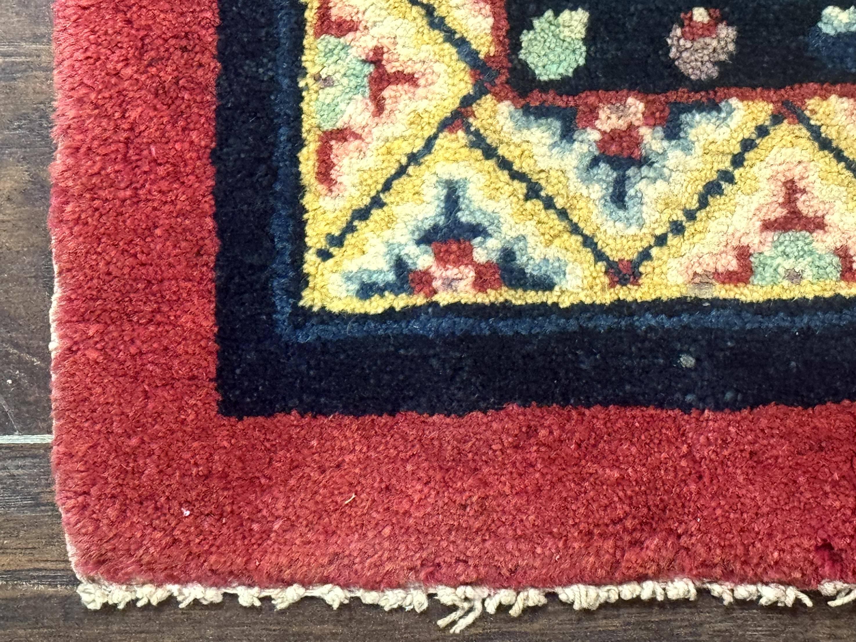 Antique Small Chiense Square Rug 2x2 ft, Wool Chinese Rug