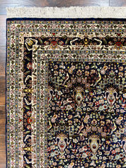 Silk Indian Kashmiri Rug 5x7, Navy Blue Indo Persian Silk Carpet 5 x 7 ft, Hand Knotted Handmade Very Fine Oriental Carpet, 450 KPSI, Birds