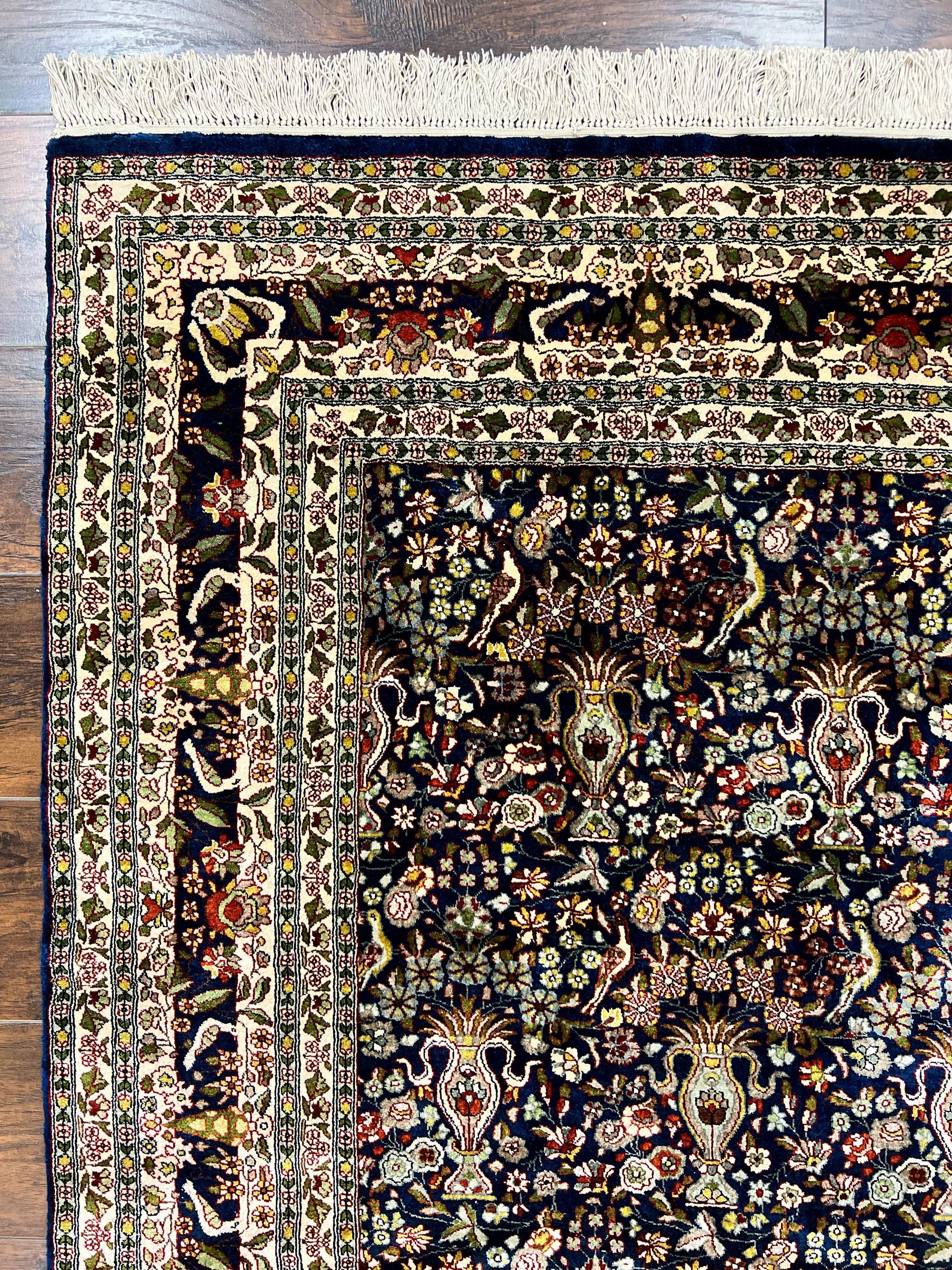 Silk Indian Kashmiri Rug 5x7, Navy Blue Indo Persian Silk Carpet 5 x 7 ft, Hand Knotted Handmade Very Fine Oriental Carpet, 450 KPSI, Birds