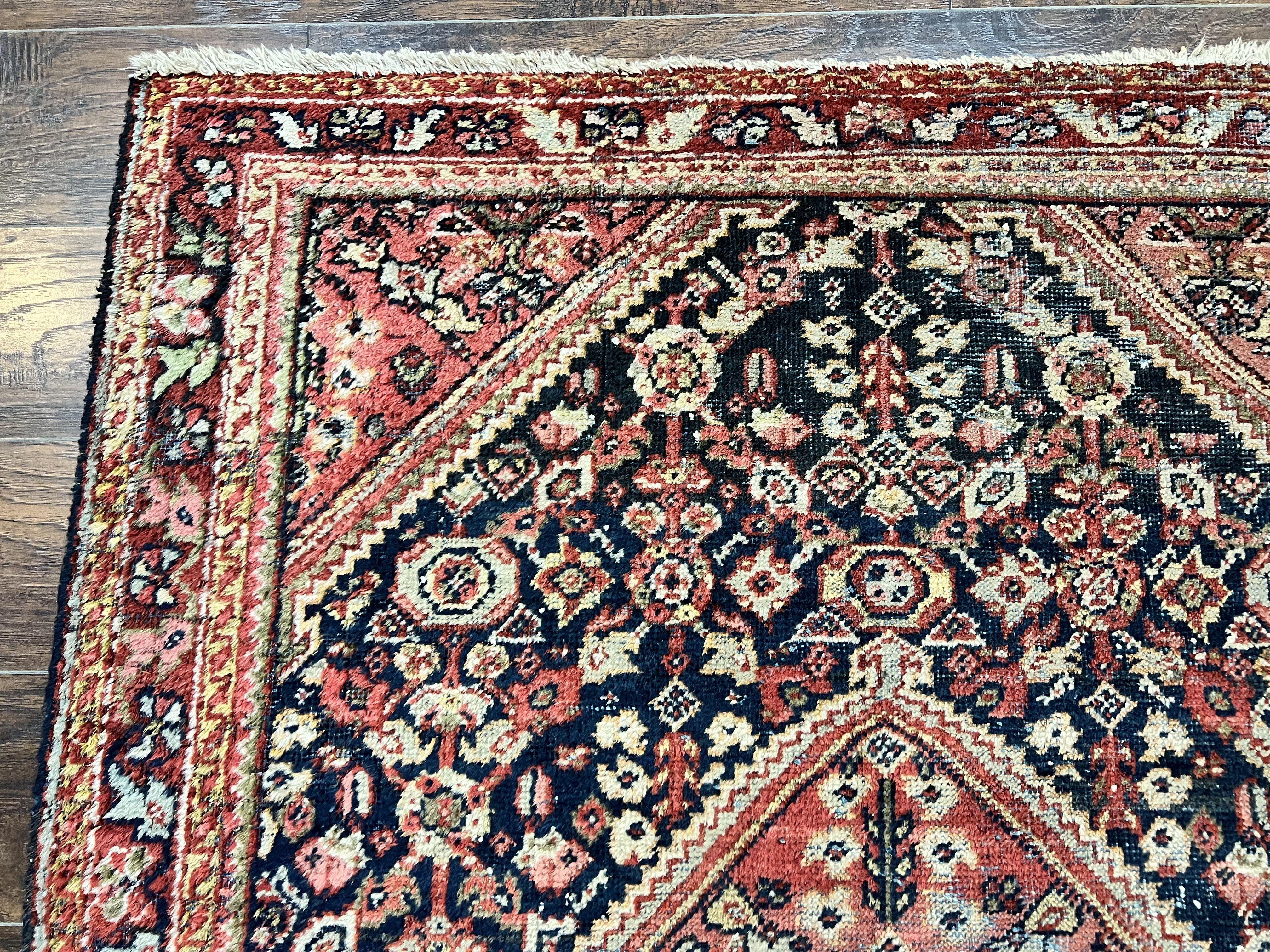 Antique Persian Mahal Rug 4x7, Wool Hand Knotted Tribal Geometric Carpet