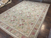 Aubusson Rug 9x12, Pink Beige Light Mauve, Handmade Allover Floral Roses, Wool Flatweave Carpet 9 x 12 ft, European French Design, Elegant