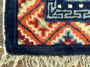 Small Antique Chinese Square Rug 2x3, Tibetan Rug, Red Orange Blue, 1920s Rug