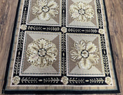 Needlepoint Runner Rug 3x8 Panel Design Rug, Flatweave Runner Rug, English Design, Floral, Short Runner Rug, Black and Beige Wool Hand-Woven