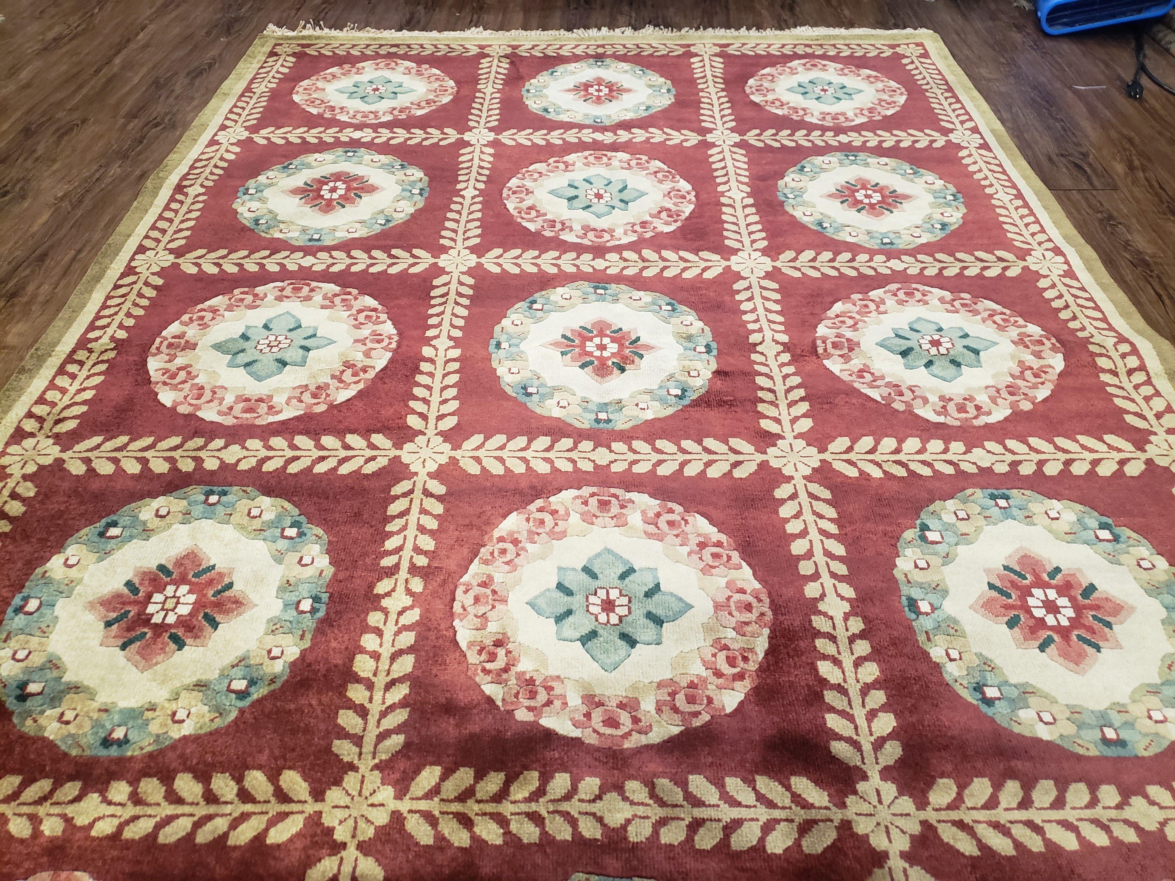 Nepalese Aubusson Panel Rug 6x9, Red & Ivory Soft Plush Tibetan Pile Rug, Wool Hand-Knotted Carpet, 6 x 9 Elegant Area Rug, Office Room Rug