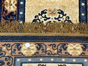 Silk Chinese Rug 2x4, Peking Carpet, Golden-Beige and Blue, Hand Knotted, Simple Design