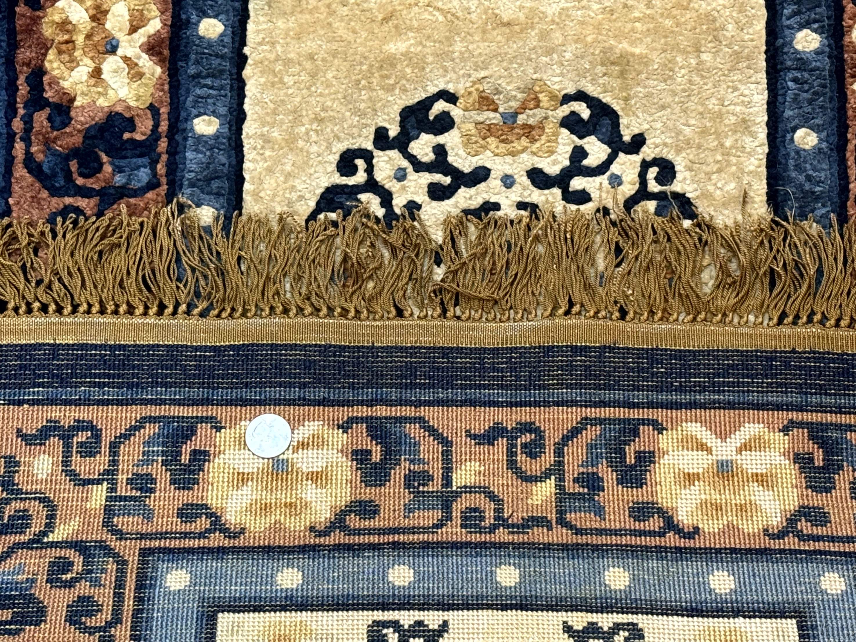 Silk Chinese Rug 2x4, Peking Carpet, Golden-Beige and Blue, Hand Knotted, Simple Design