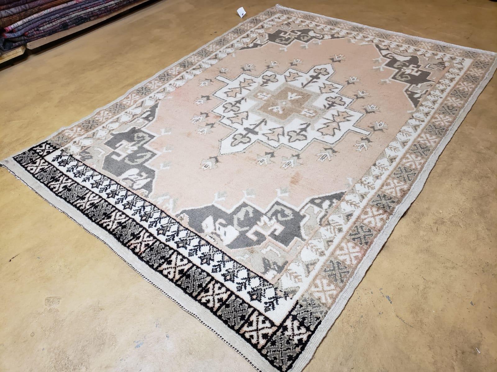 Antique Moroccan Rug 5x7 Tribal Carpet, Hand-Knotted Soft Wool Pile, 5 x 7 Area Rug, Berber Rug, Geometric Open Field Medallion, Pink Ivory