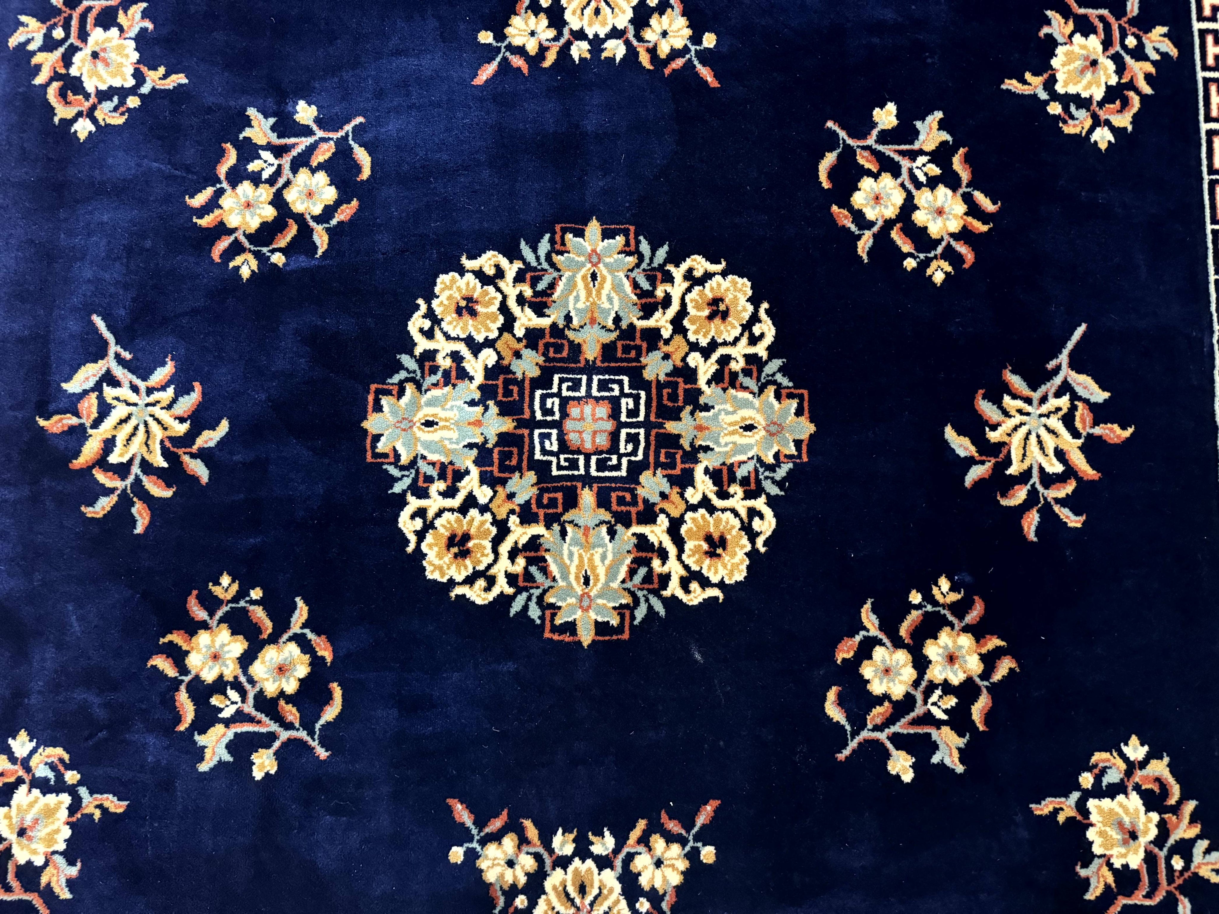 Chinese Wool Rug 8x11, Navy Blue and Terracotta, Floral, Couristan Belgium Power Loomed Carpet