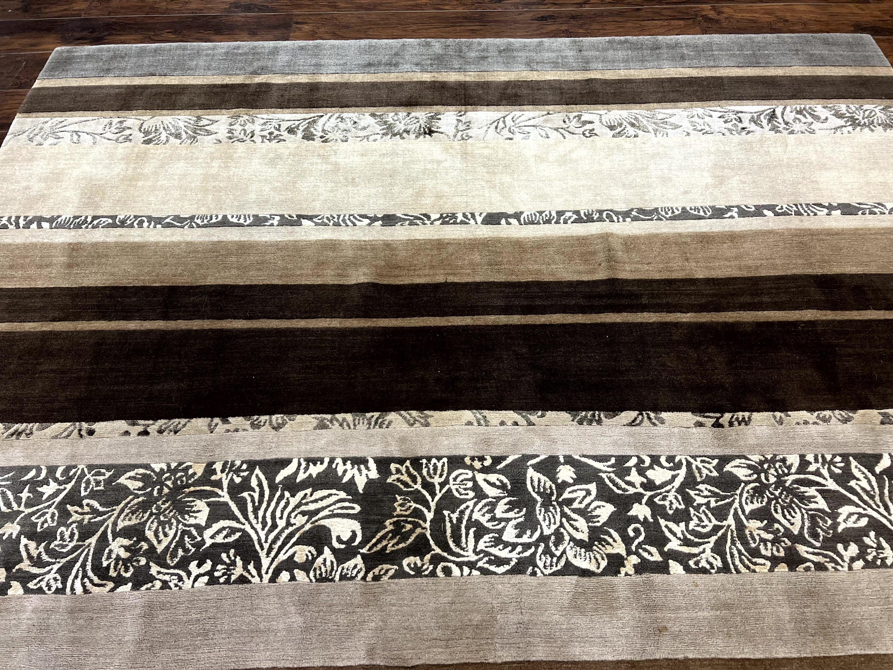 Modern Tibetan Nepali Rug 8x12, Stripe Pattern, Wool with Silk Highlights, Handmade, Beige Tan Brown