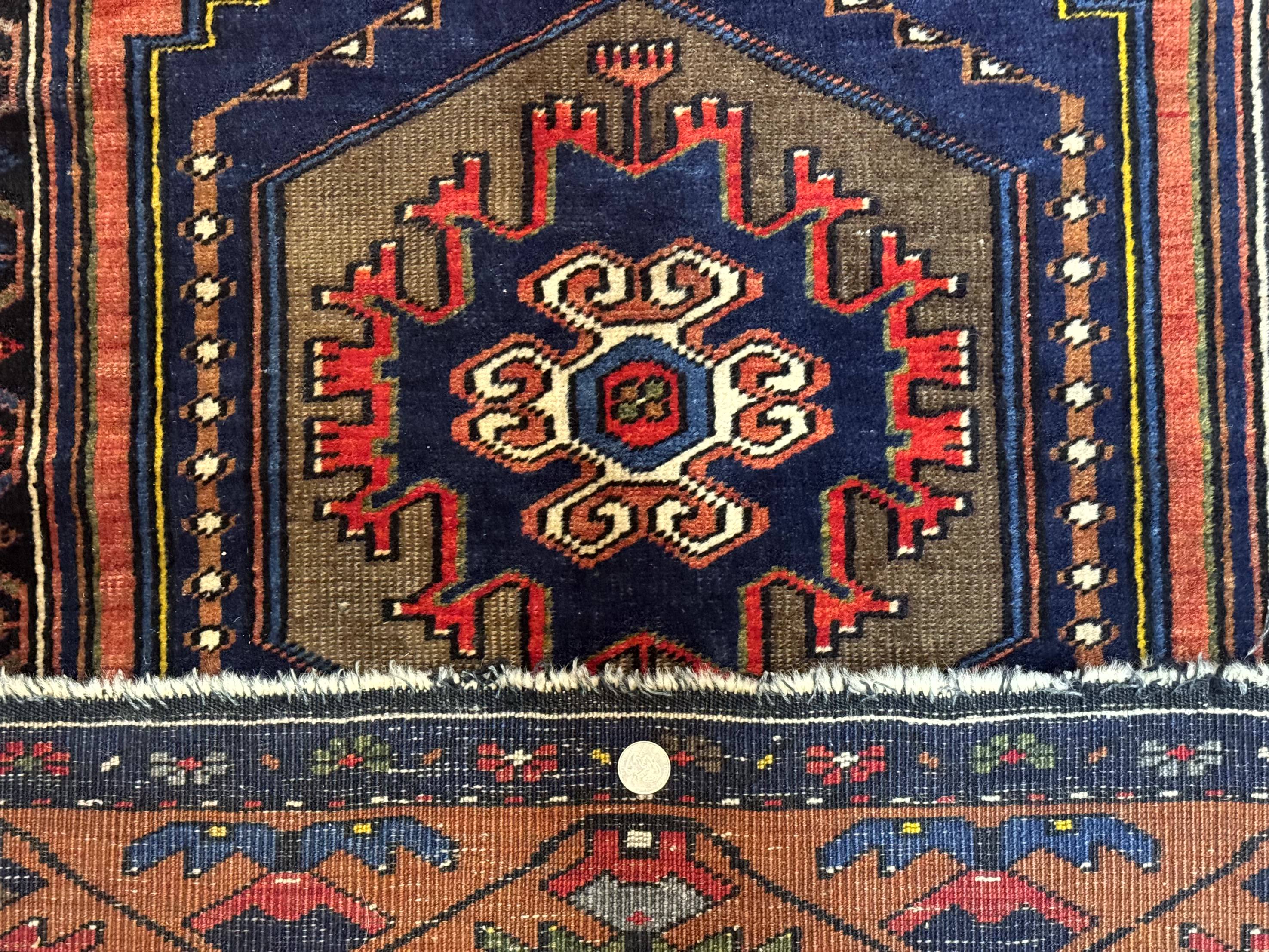 Persian Rug 3x6, Geometric Medallion, Village Tribal Rug, Terracotta and Navy Blue, Antique Nahavand Hamadan Rug
