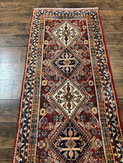 Antique Persian Qashqai Runner Rug 3 x 13 ft, Tribal Runner, Geometric Medallions, Red Ivory Blue, Wool